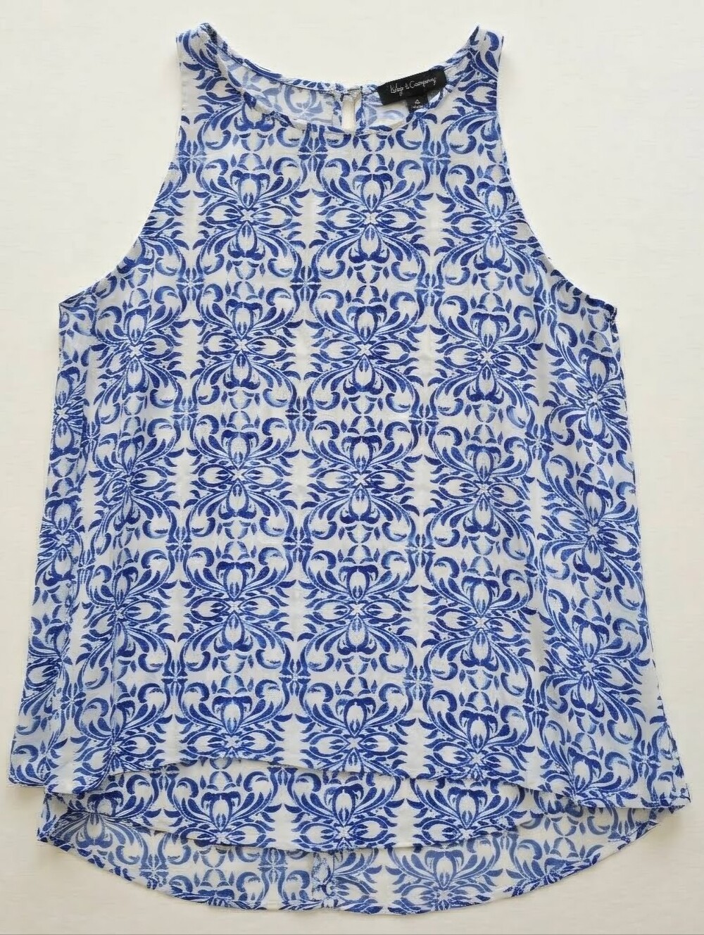 Vince Camuto Blue and White Floral Tile Print Sleeveless Top